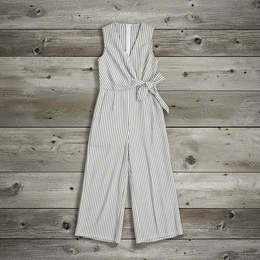 Nautical Striped Jumpsuit Cider M Gray White Sleeveless Wrap Cotton Pockets