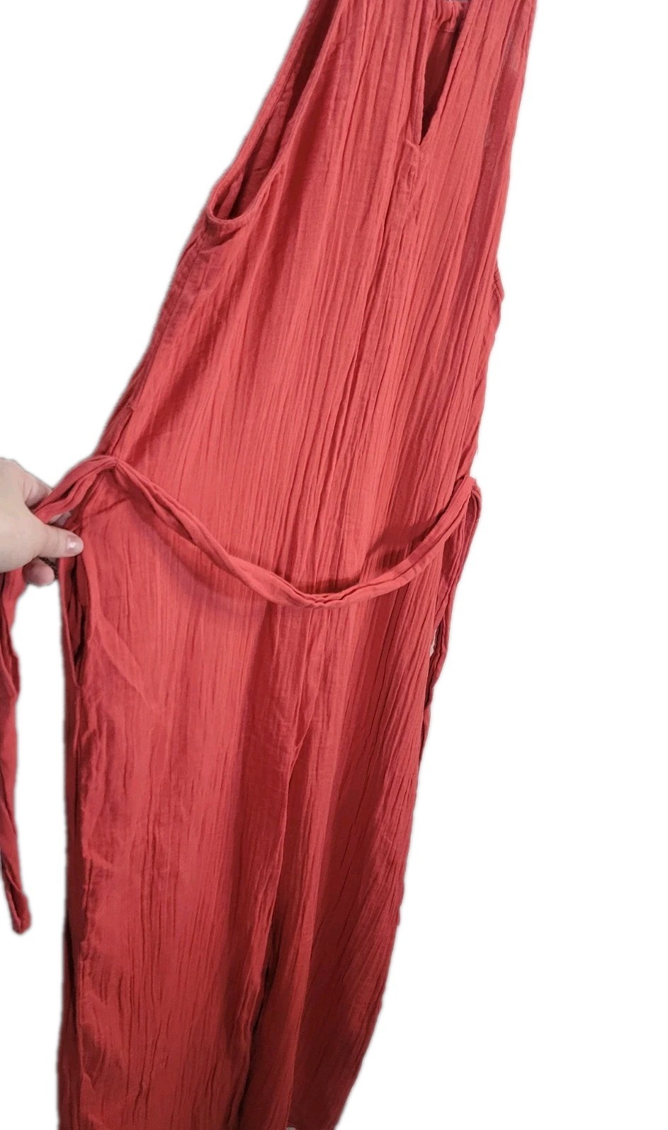 Pact Organic Cotton Coral Halter Jumpsuit L Wide Leg Tie Waist Sustainable