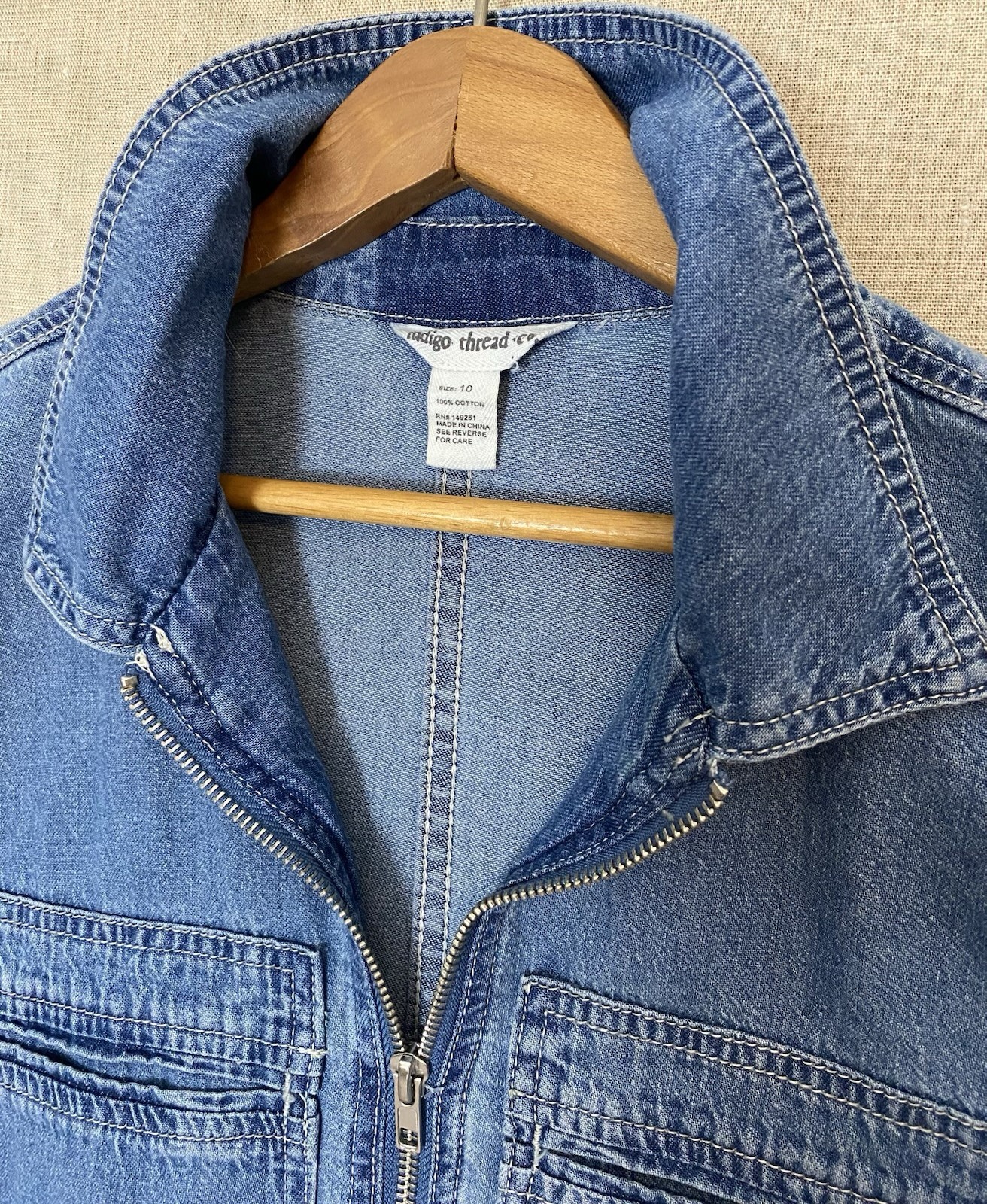 Denim Jumpsuit Sz 10 Indigo Blue Long Sleeve Lightweight Utility Boiler Suit