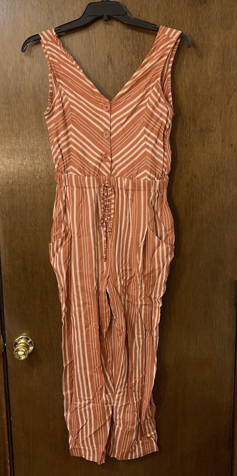 Angie Womens New $54 Jumper Jumpsuit Romper Pants Large 12 14 Rust Striped NWT