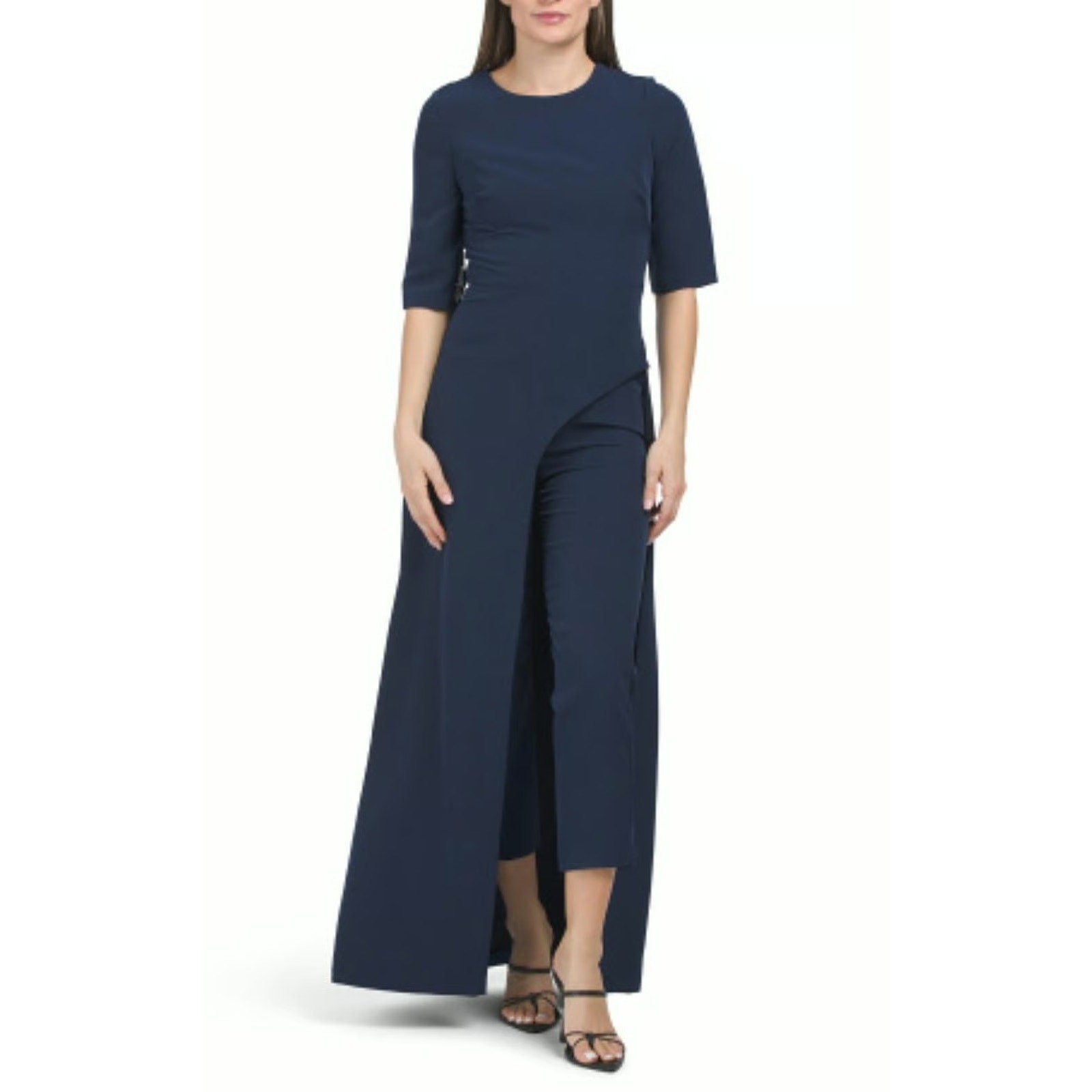 Kay Unger Davina Midnight Navy Walk Thru Asymmetric Skirted Jumpsuit Size 12