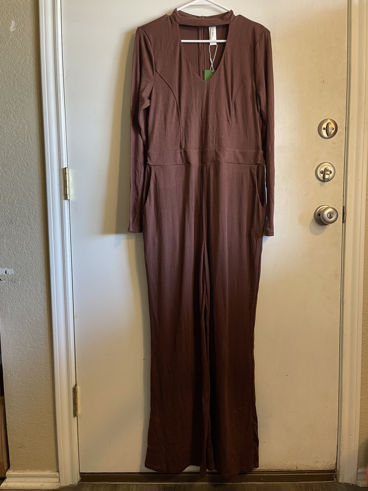 Large Regular Halara brown ribbed long sleeve jumpsuit