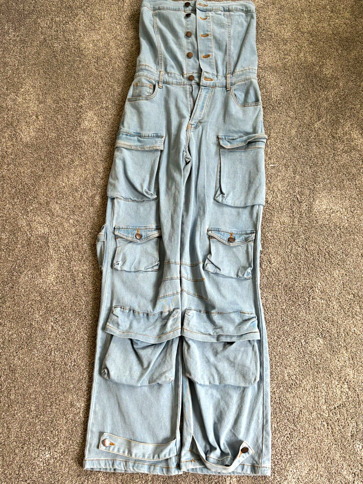 Women’s Strapless Blue Denim Wide-Leg Cargo Jumpsuit, Button Front, S