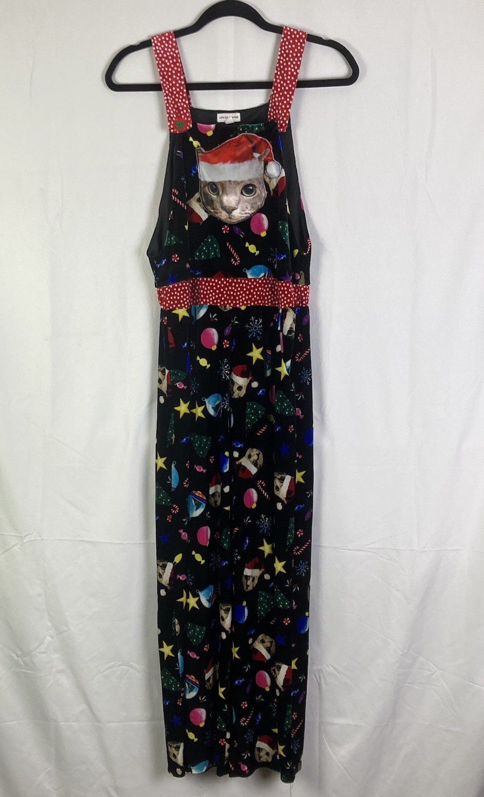 Love On A Hanger Women’s Sz Small Jumpsuit Christmas And Cats Velvet EUC