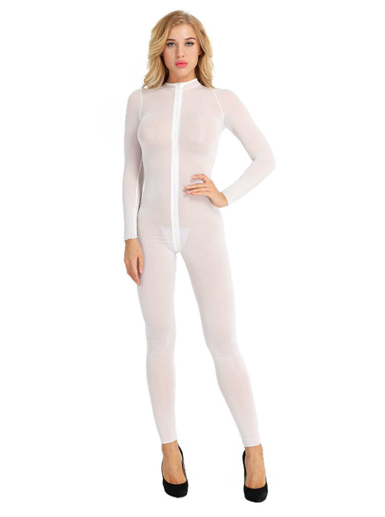 Womens Sheer White Long Sleeve Bodysuit Jumpsuit Catsuit Bodystocking Zipper #@