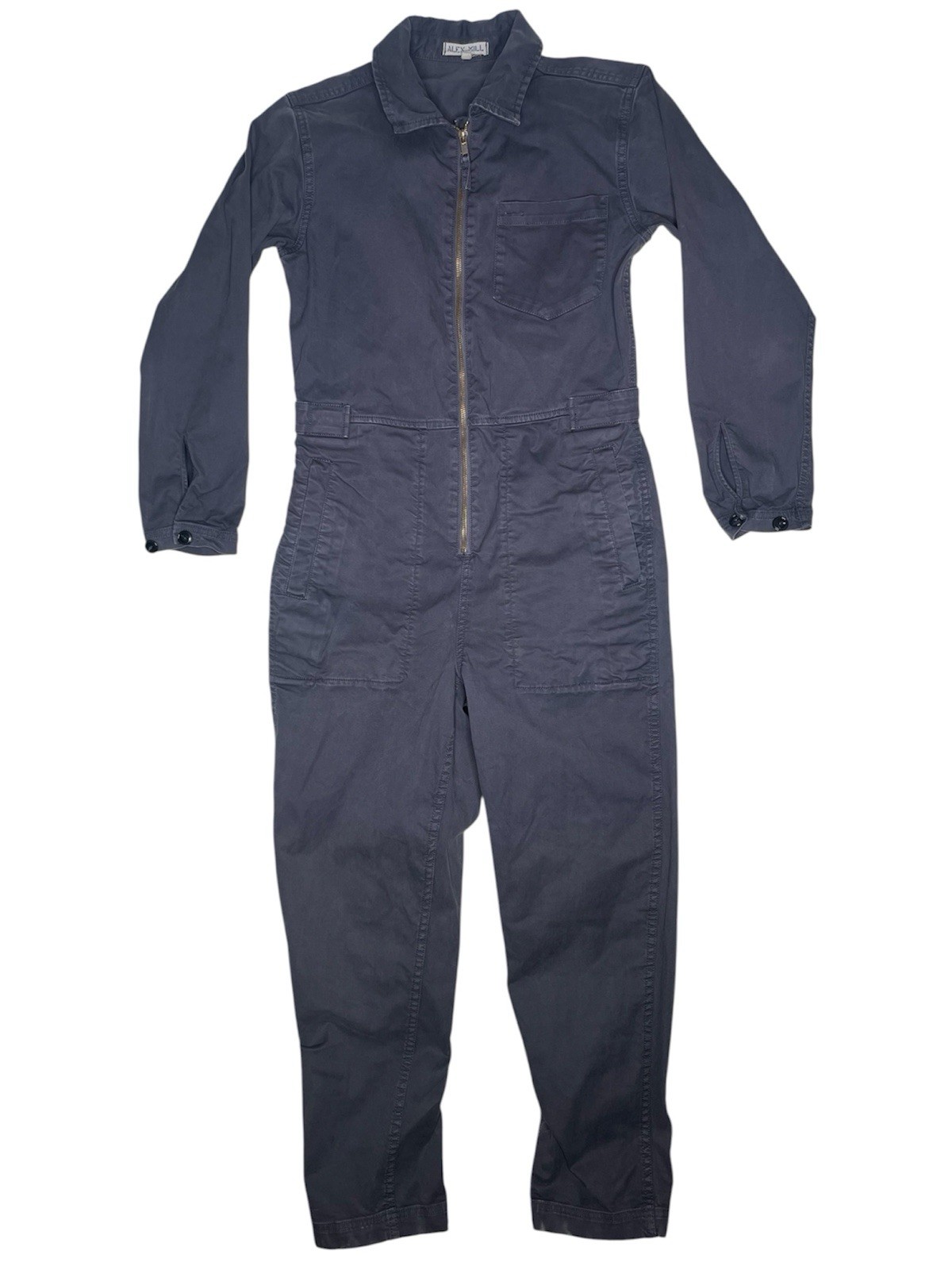 Alex Mill $250 Navy Blue Zip Front Long Sleeve Cotton Elastane Jumpsuit S EUC