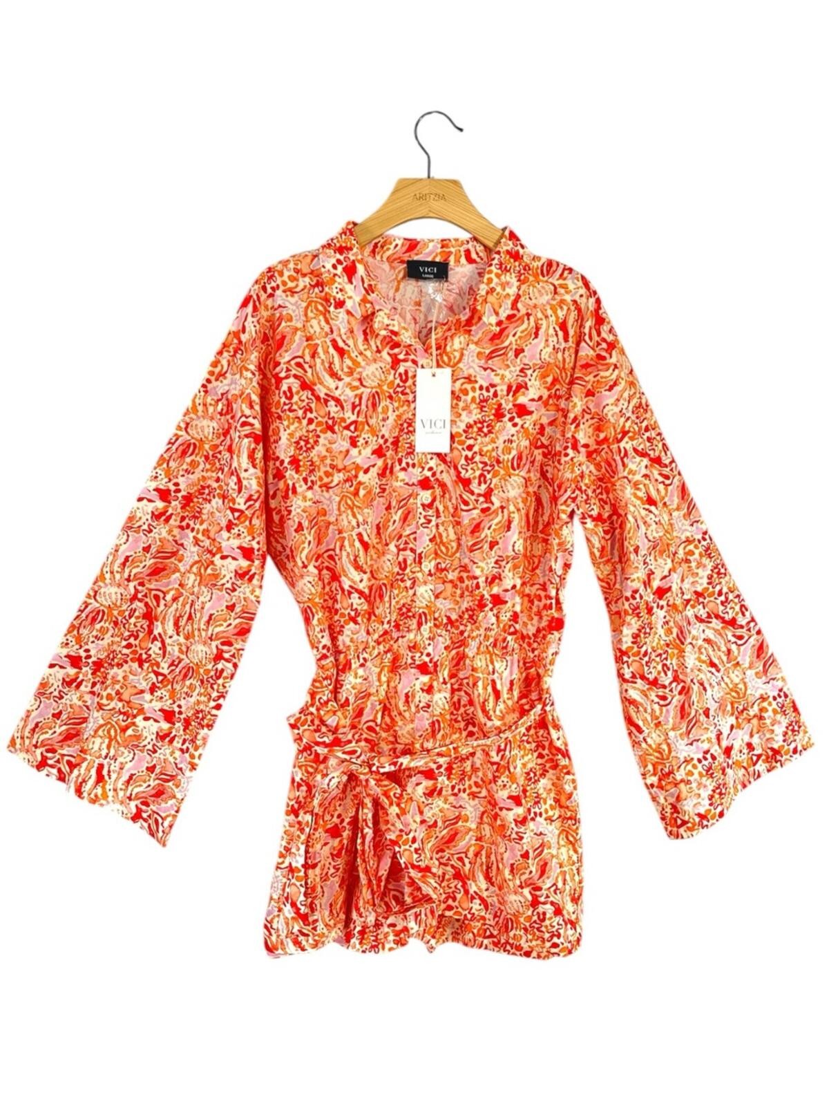 NWT VICI Orange and Pink Belted Romper with Long Bell Flare Sleeve Size Large