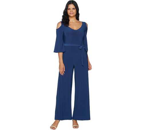 Attitudes by Renee Cold Shoulder Flutter Sleeve Knit Jumpsuit Blue Velvet Large