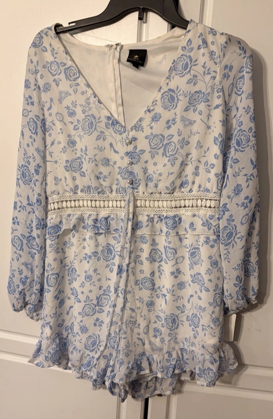 Disney Princess Blue/White Floral Lace V-Neck Long Sleeve Zip Romper Size S