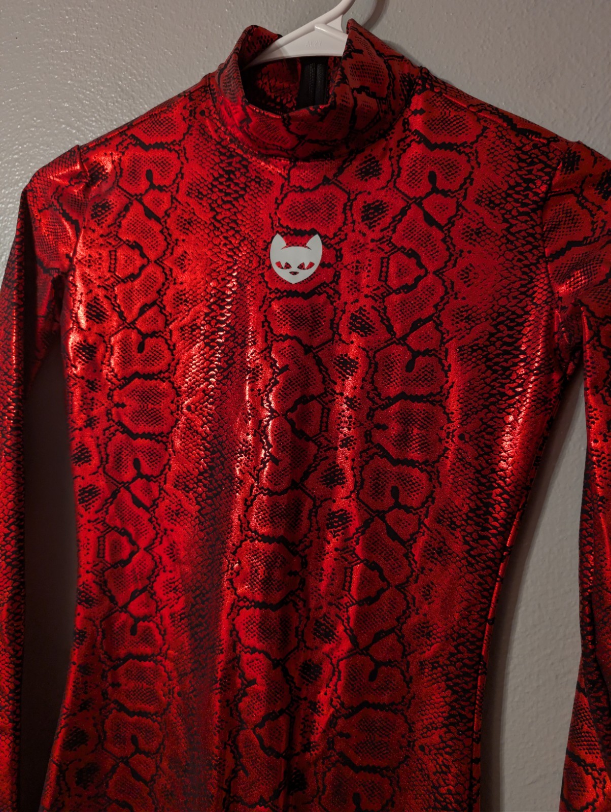 Hiro Gato Red Metallic Snakeskin Jumpsuit Mock Neck Skin Tight Catsuit Cosplay