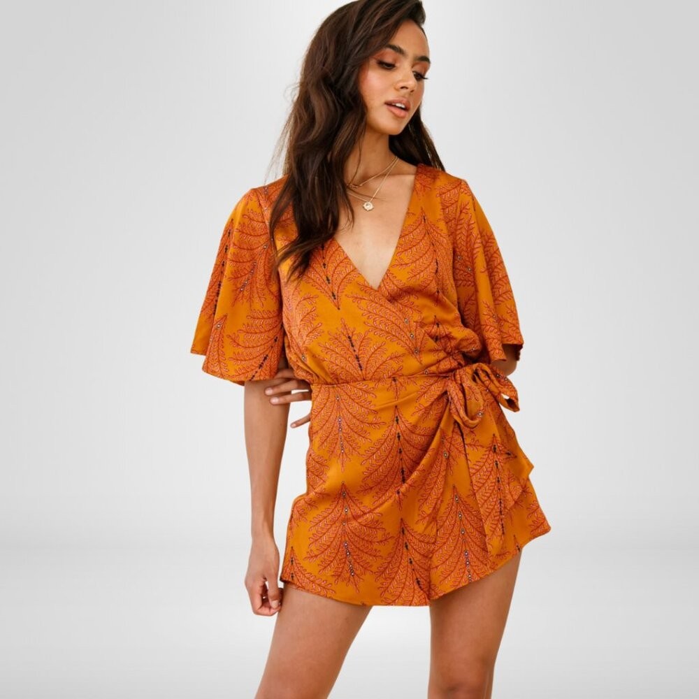Saints + Secrets V-Neckline Wrap Romper Leaf Print Mustard Size Small