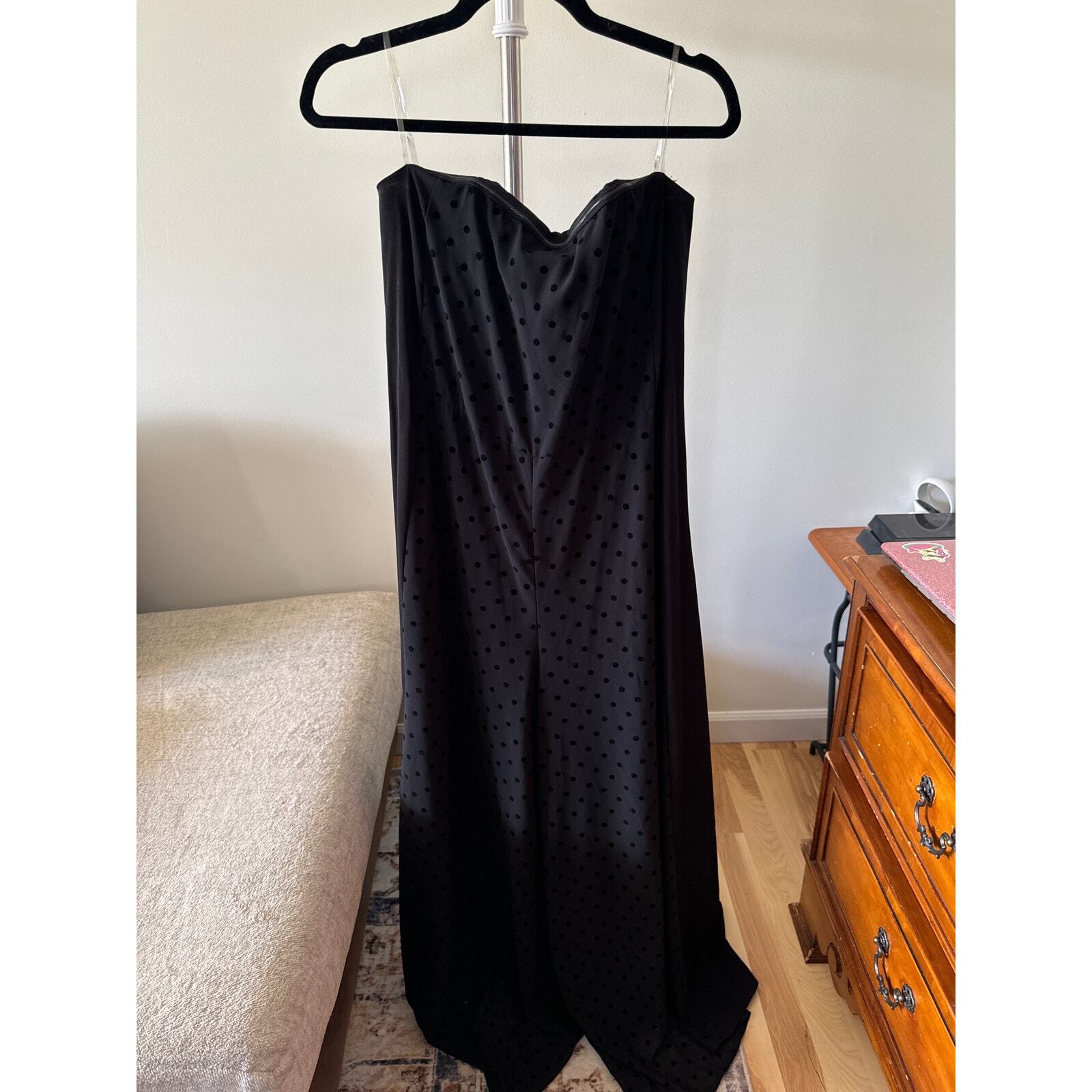 4Sienna Black Stapless Jumpsuit Corset Chiffon Velvet Dot Wide Leg Belted Size L