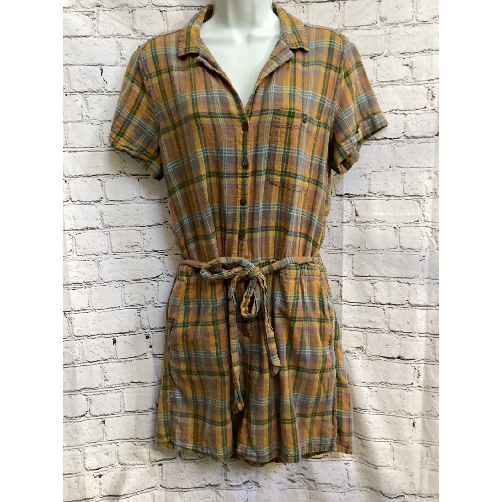 Toad&Co Camp Cove Romper Woman’s Lg Plaid Organic Cotton Button Front Tie Waist