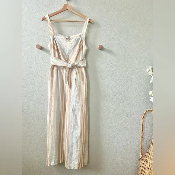 Anthropologie Savannah Striped Jumpsuit Size 10 Wide Leg Sleeveless Cream Tan
