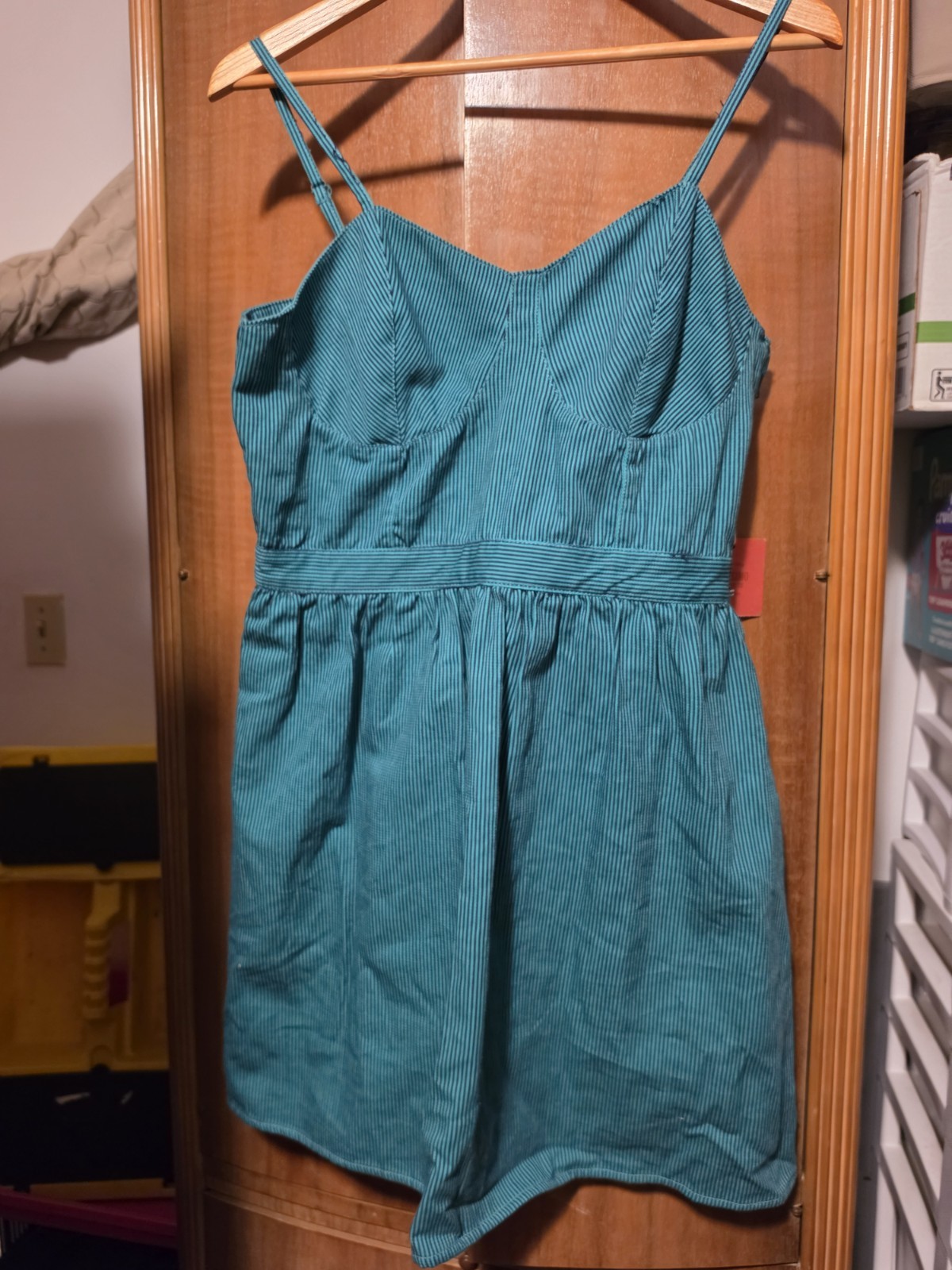 Mossimo Supply Co Teal Pinstripe Sleeveless Romper Sweetheart Neck Side Zipper