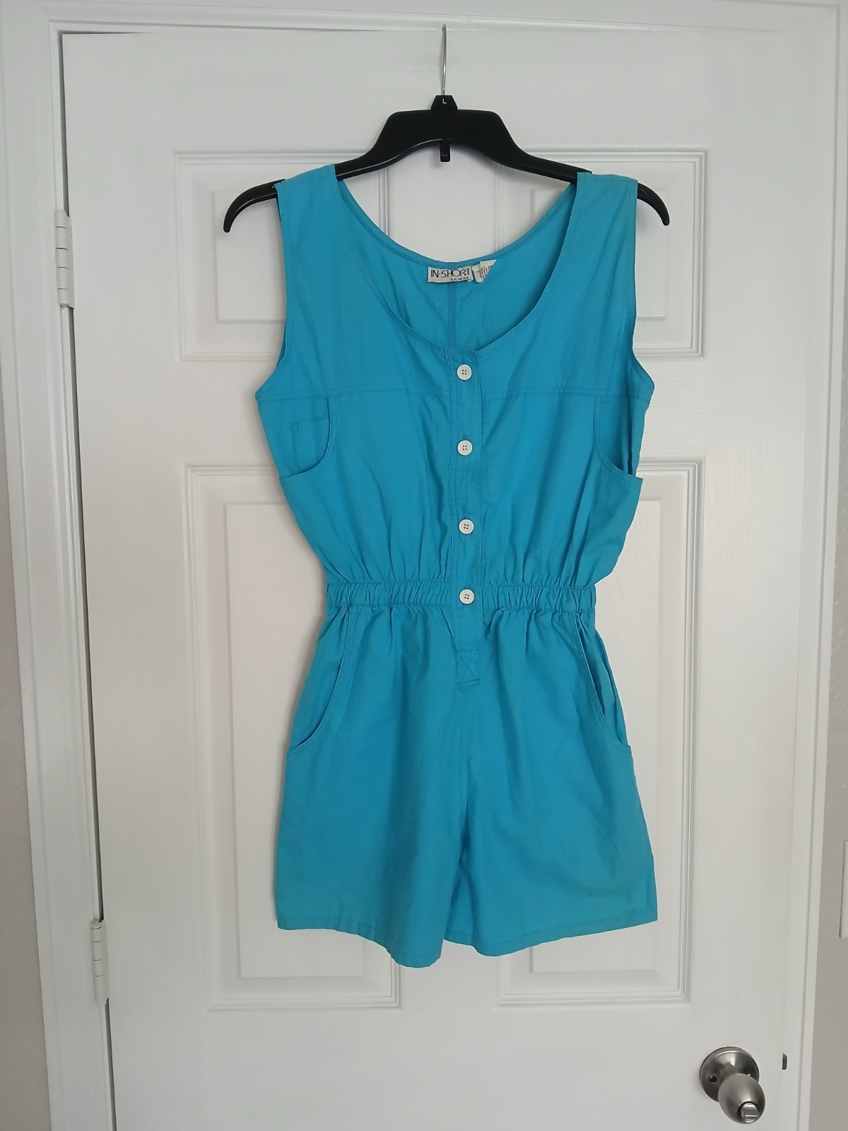 Vintage In Short Turquoise Sleeveless Romper S 100% Cotton Beach Retro 70s 80s