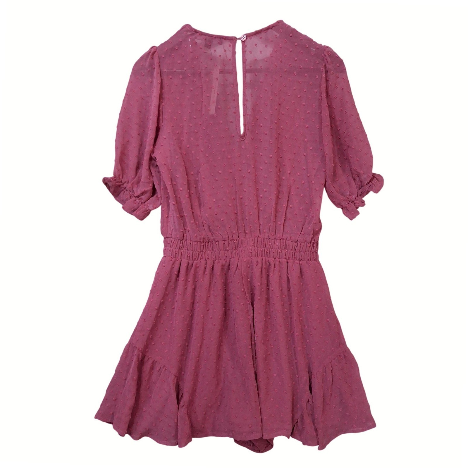 Trixxi Francesca’s Clip Dot Ruffle Romper Sz M Surplice Sheer Mauve Babydoll NWT
