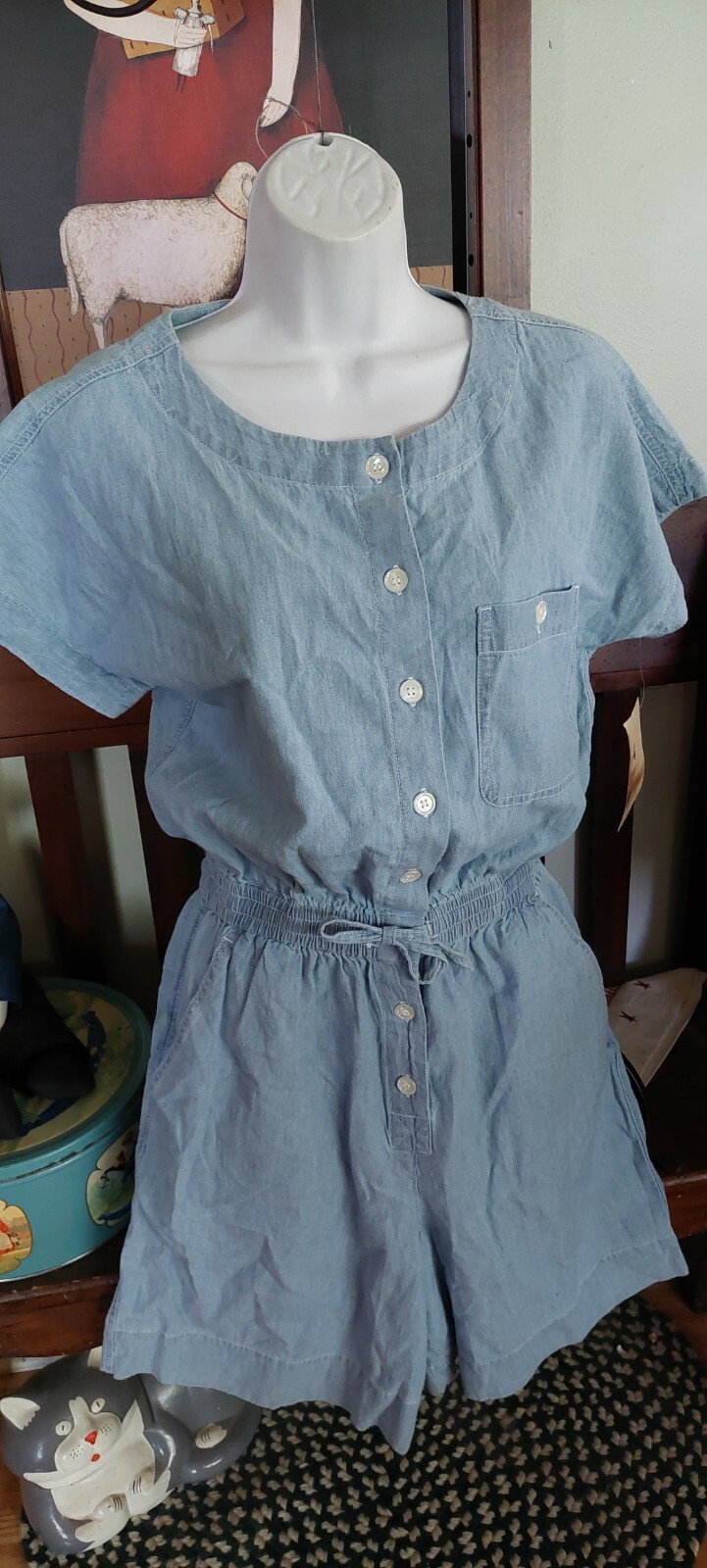 MARSH LANDING BLUE CHAMBRAY ROMPER SHORTS WOMEN’S SIZE S SHORT SLEEVE CASUAL