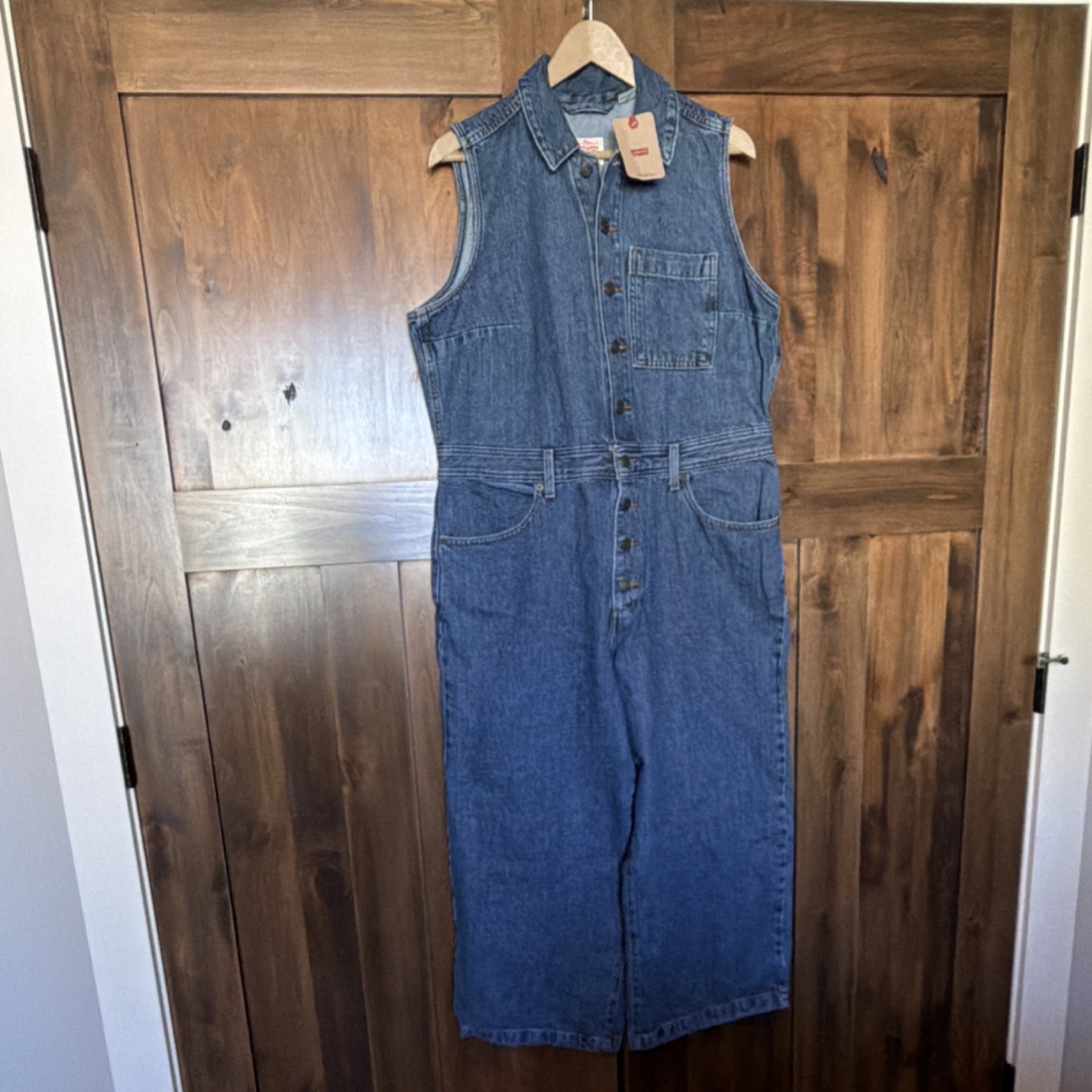 Levi’s Women’s Sleeveless Denim Jumpsuit Blue XL 100% Cotton Collared Pockets