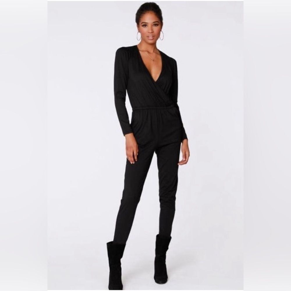 BOBI Revolve Women’s Black Drape Front Size Med Modal Surplice Jumpsuit