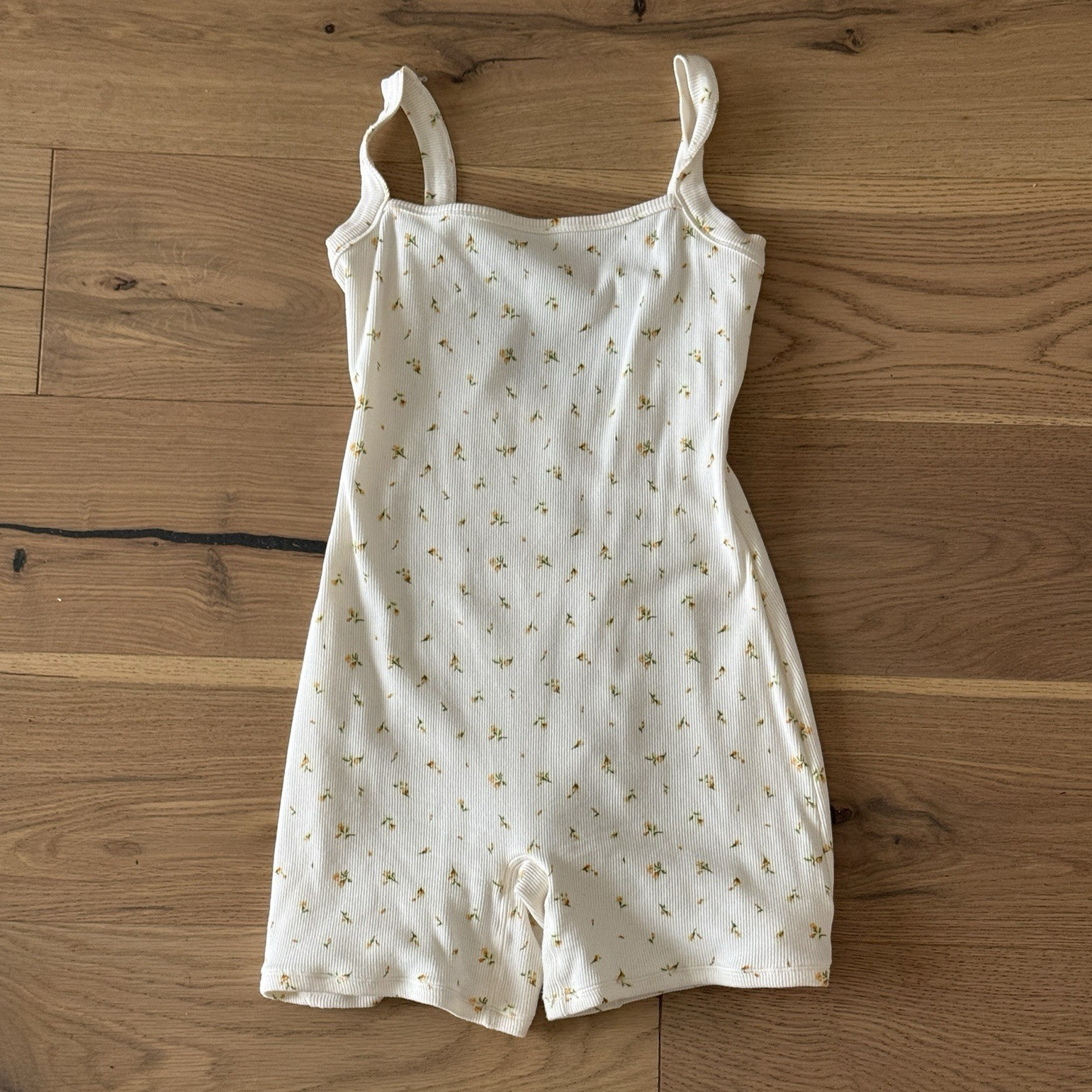 Skims Floral Ribbed Knit Romper One-Piece White S Strappy Sleeveless Scoop