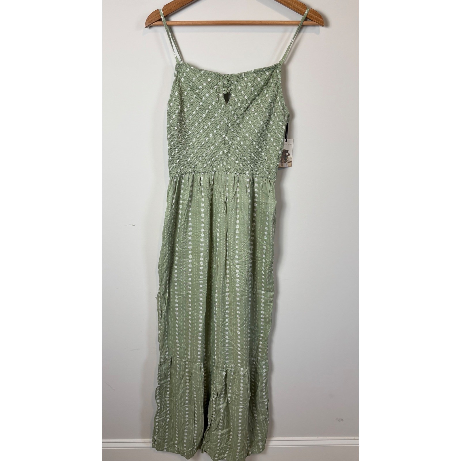 Sincerely Jules Women Sage Green Floral Smocked Wide Leg Jumpsuit Size M NEW