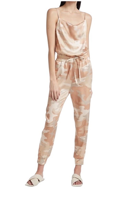 Cinq a Sept 5a7 Jumpsuit Finnley Camo Multicolored Satin in Travertine SZ L
