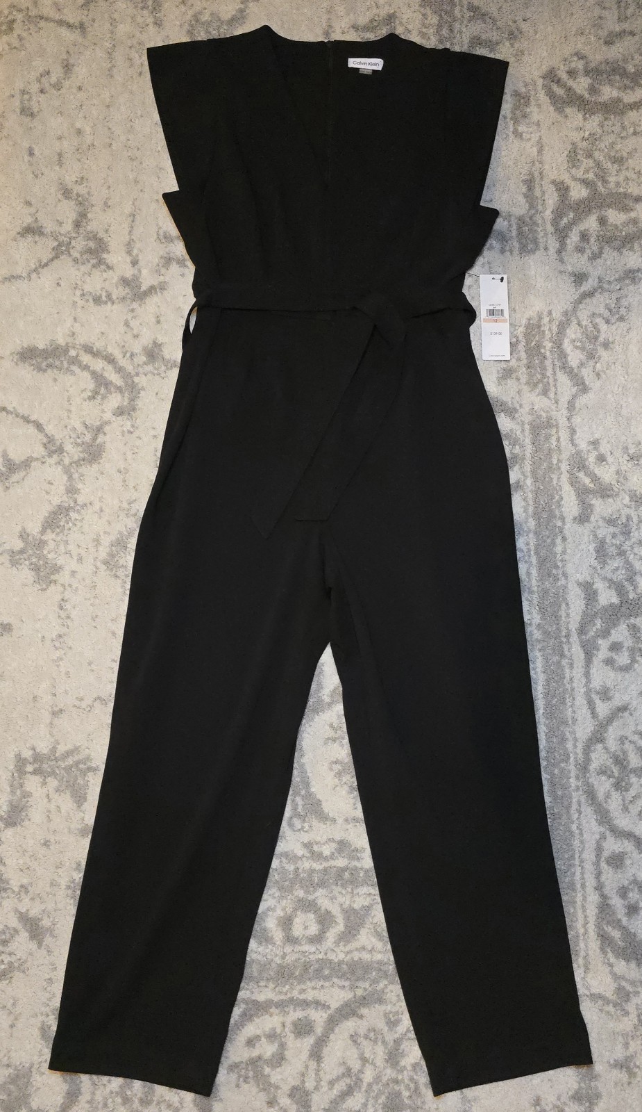 CALVIN KLEIN Sleeveless Crepe Jumpsuit Womens Black Belted Sleeveless WidelegNWT