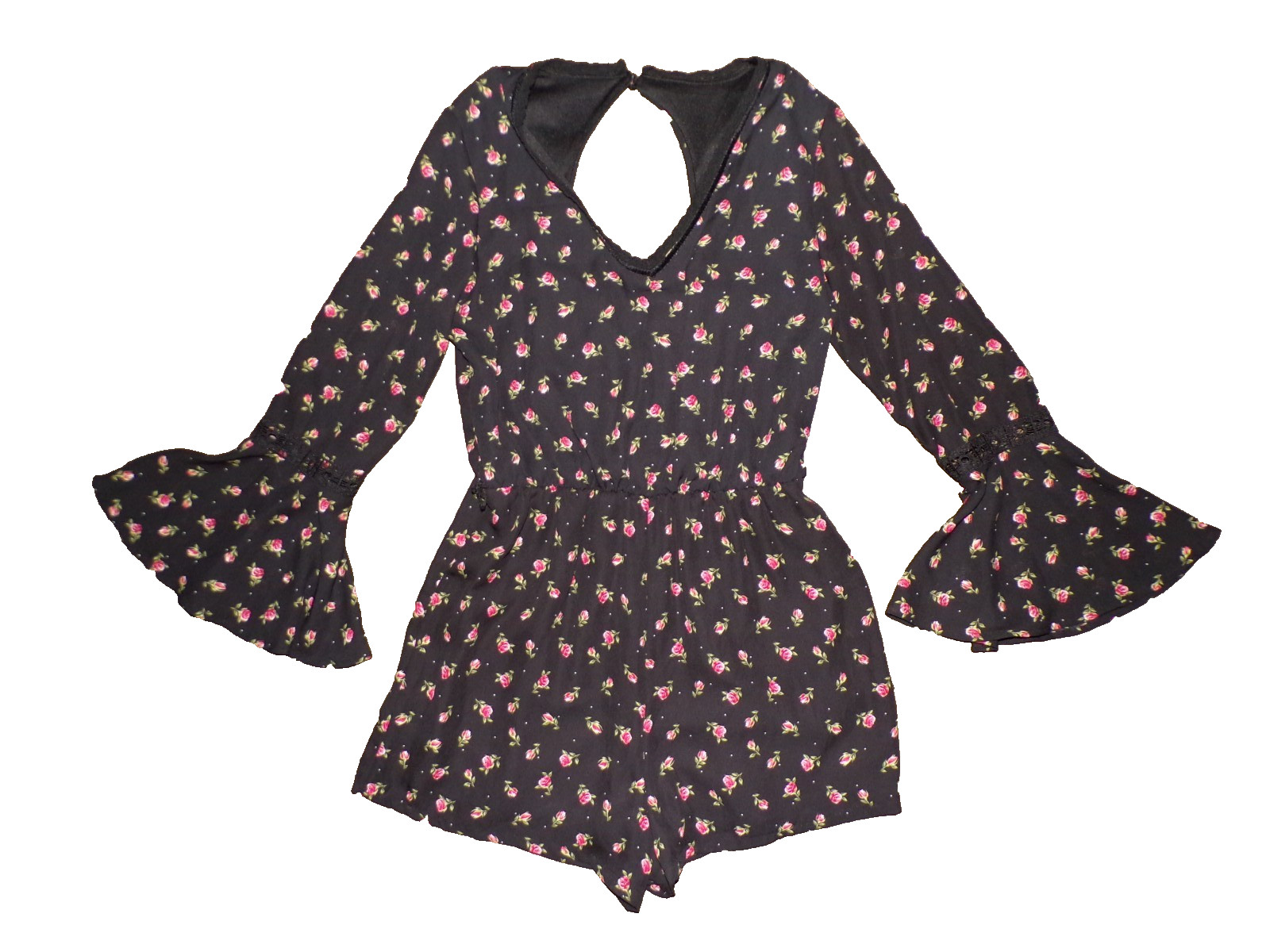 Disney princess Belle black rose print empire waist romper Large Flare Sleeve