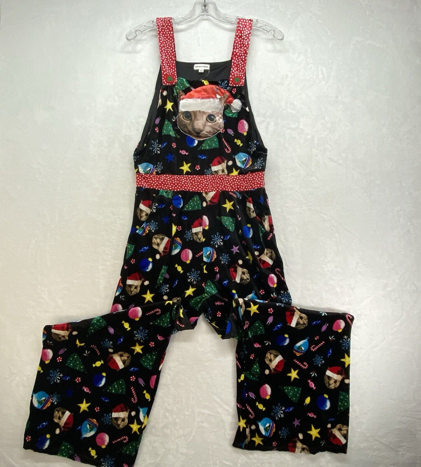 Love On A Hanger Overalls Women’s Medium Black Christmas Kitty Cat Velour
