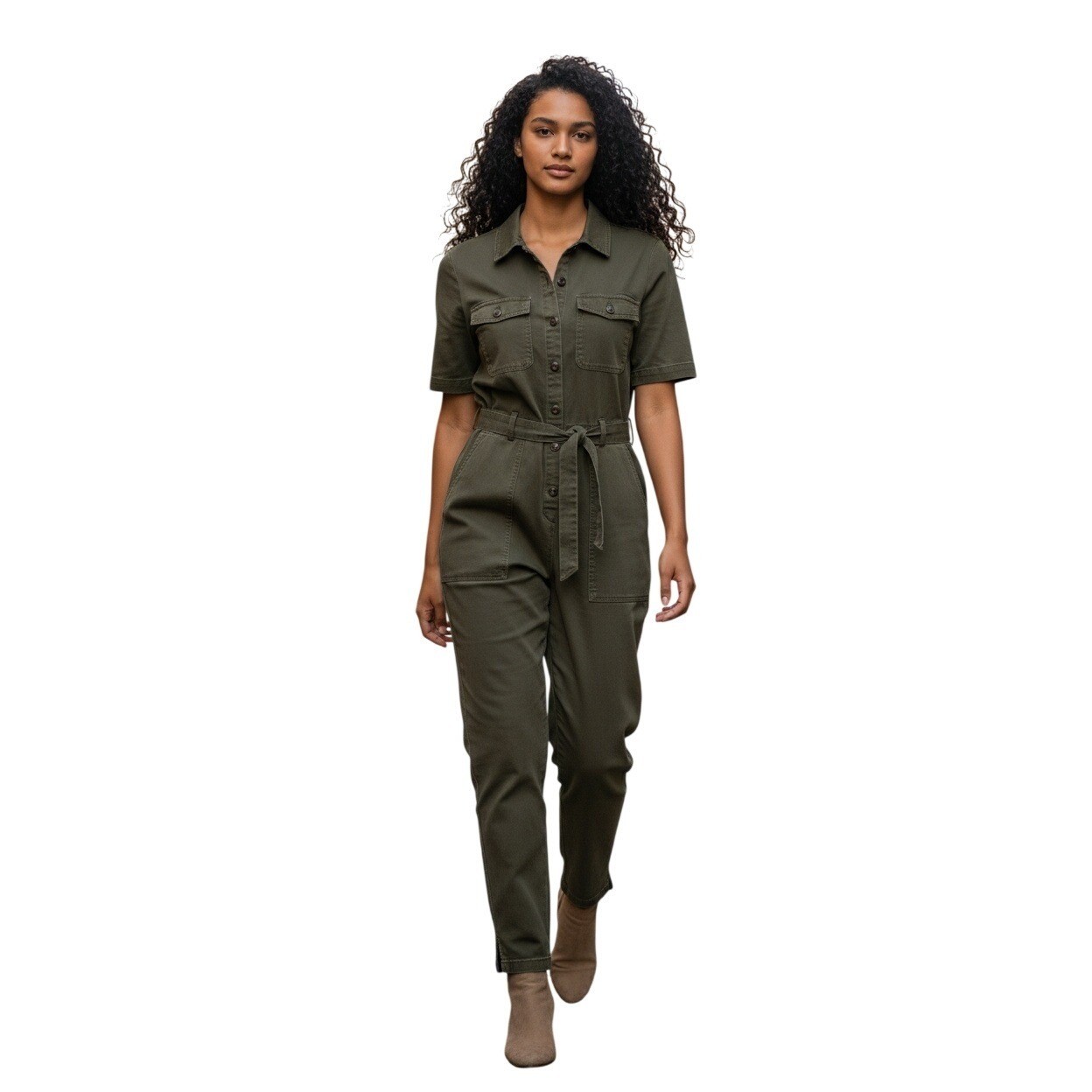 Paige Sage Green Utility Belted Jumpsuit Short Sleeve Cargo Womens