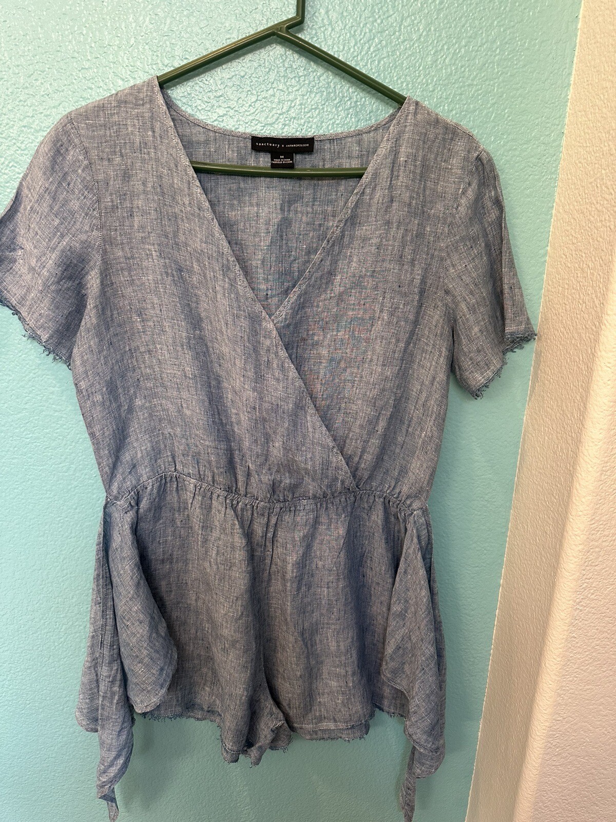 Anthropologie Sanctuary Womens 100% Linen Romper Blue Jumpsuit Wrap #287 Size M