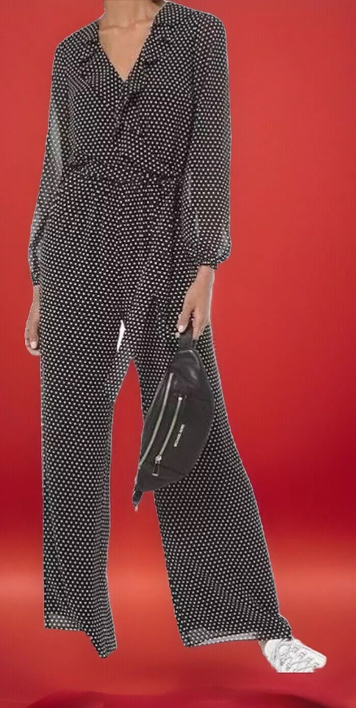 Michael Kors Ruffled Polka Dot Georgette Jumpsuit Black/white Palooza Pantsuit M