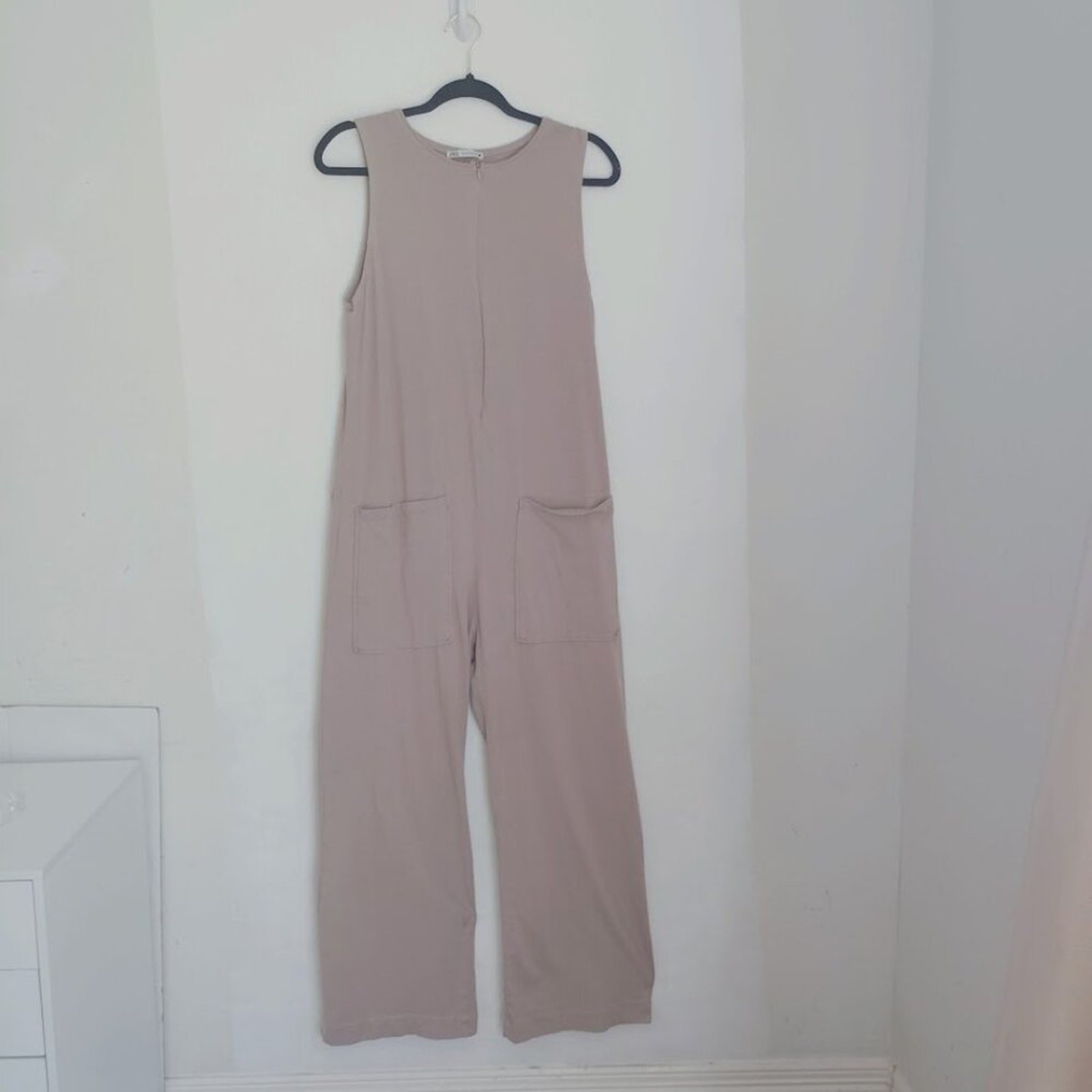 Zara Womens Slouchy Wide Leg Knit Jumpsuit Sz M Utility Pockets Front Zip Boho