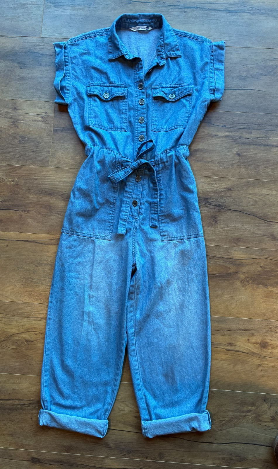 G Kale Faded Blue Acid Washed Denim Jumpsuit Women’s Petite PS Belted Cotton NEW