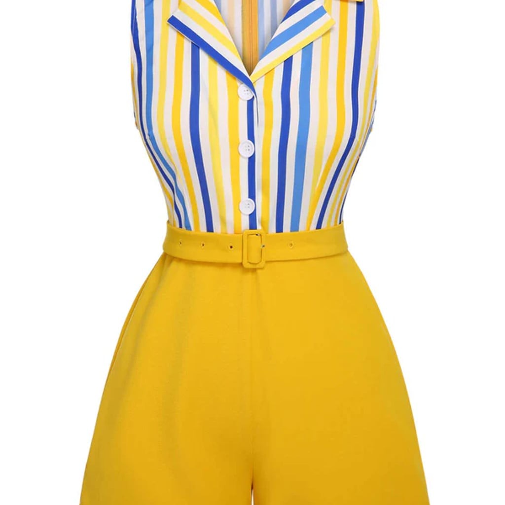 Retro Stage 1950s Yellow White Blue Striped Lapel Romper