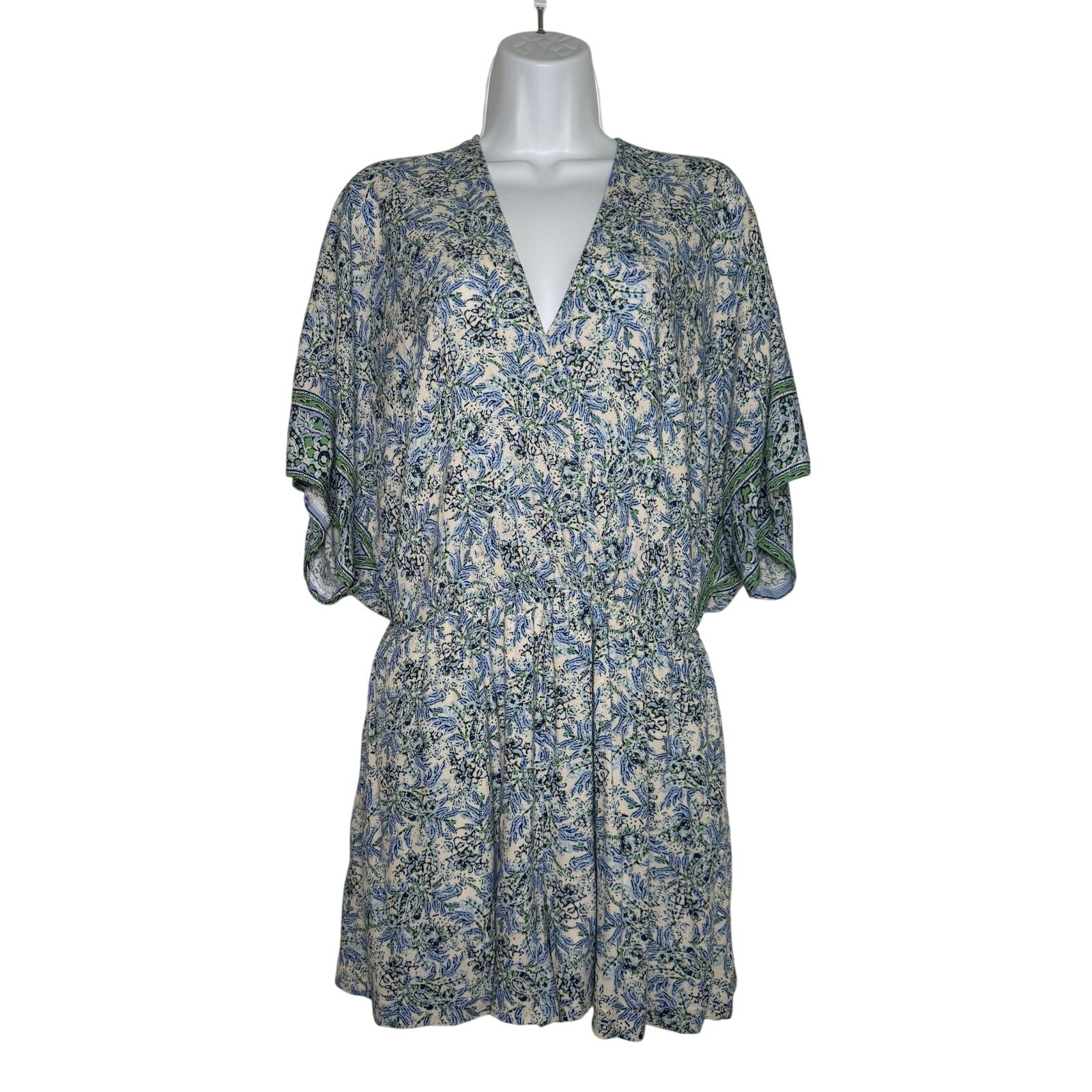 Vici Romper Blue Green Floral Short Sleeve Size LARGE Pockets Lined