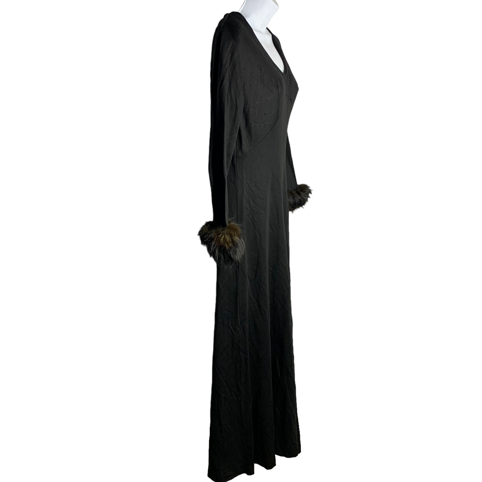 Vintage 60s Jumpsuit Womens Size S Black V Neck Fur Cuffs Wide Leg Disco