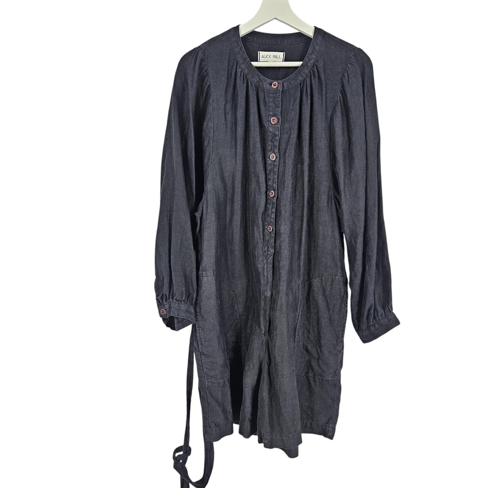 Alex Mill Romper Dark Gray Linen Chambray Belted Button Up Long Sleeve Size L