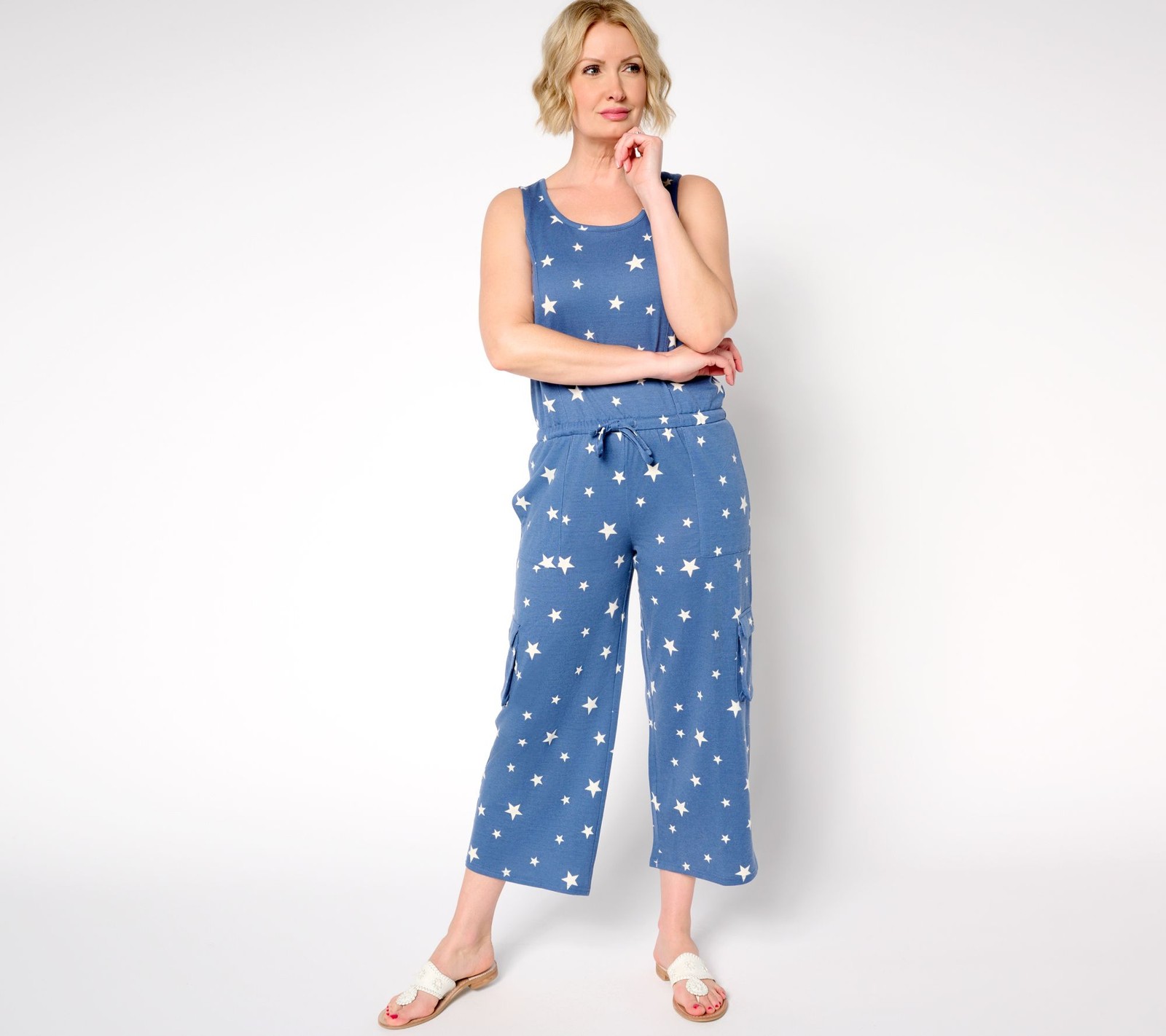 Muk Luks French Terry Straight Leg Cargo Jumpsuit Blue Star 1X New
