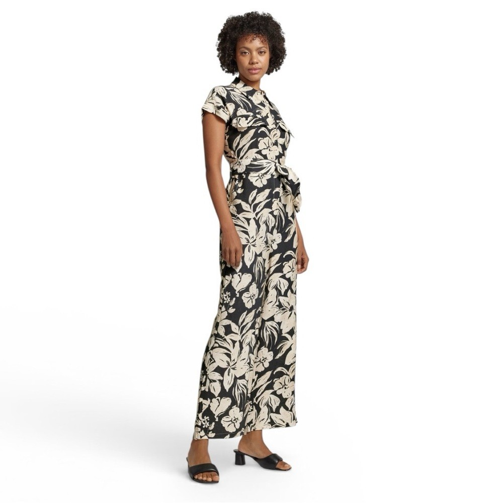 New Mango Black & Cream Floral Jumpsuit Womens Size Medium Short Sleeve Wide Leg