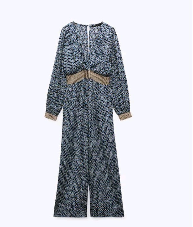 Zara Blue Geometric Print V-neckline Long Sleeves Jumpsuit Size Large 4387 289