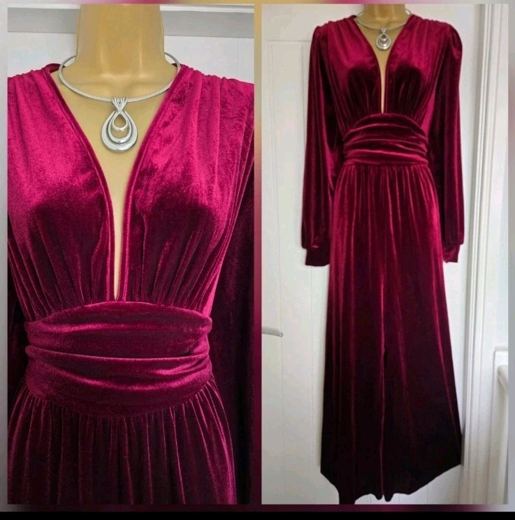 Vintage 1970s Inspired Wine Velvet Cruise Holiday Party Jumpsuit Size 14