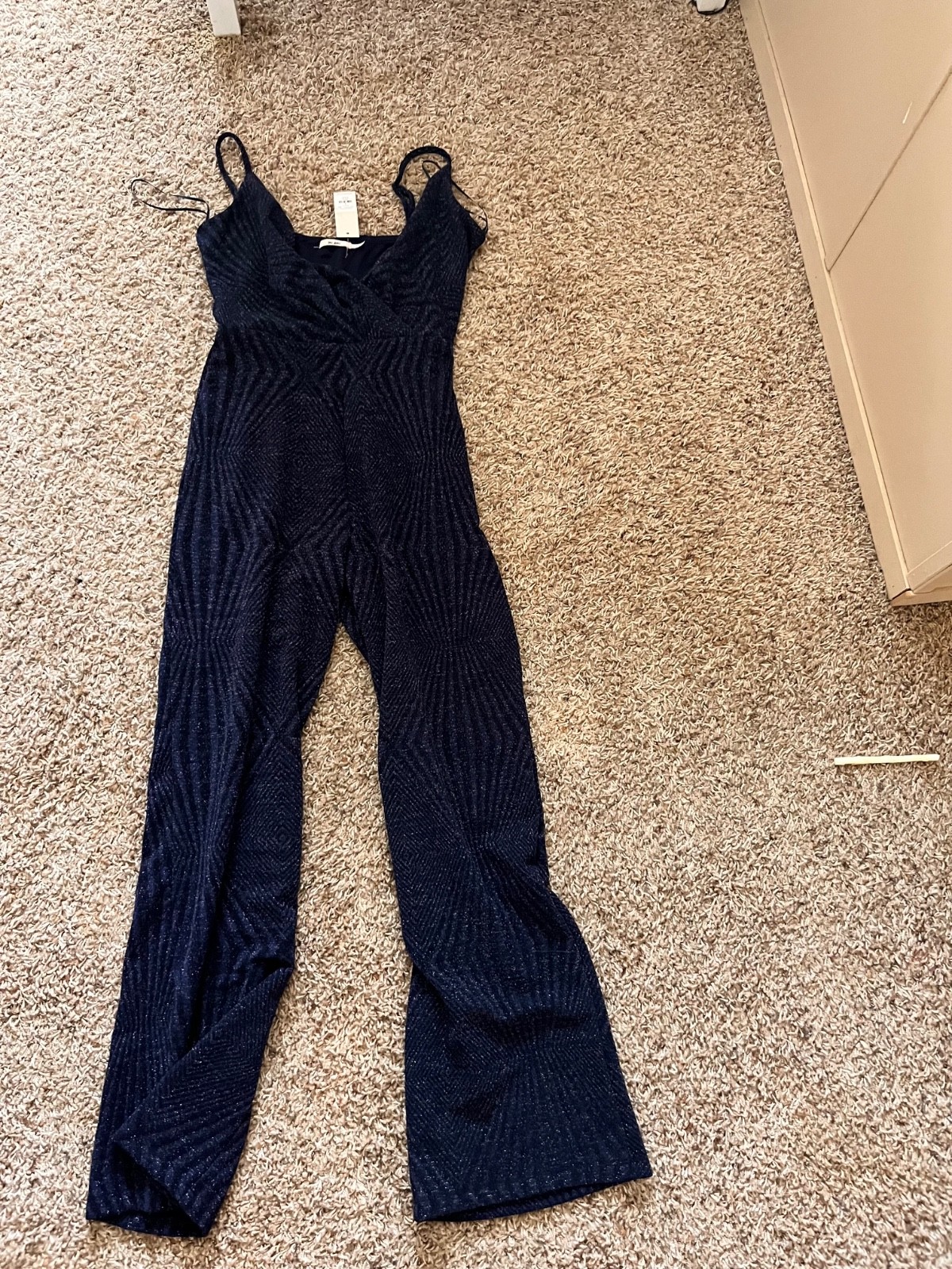 New Francesca’s Navy Blue Glitter Ribbed Wide Leg Jumpsuit Sz S