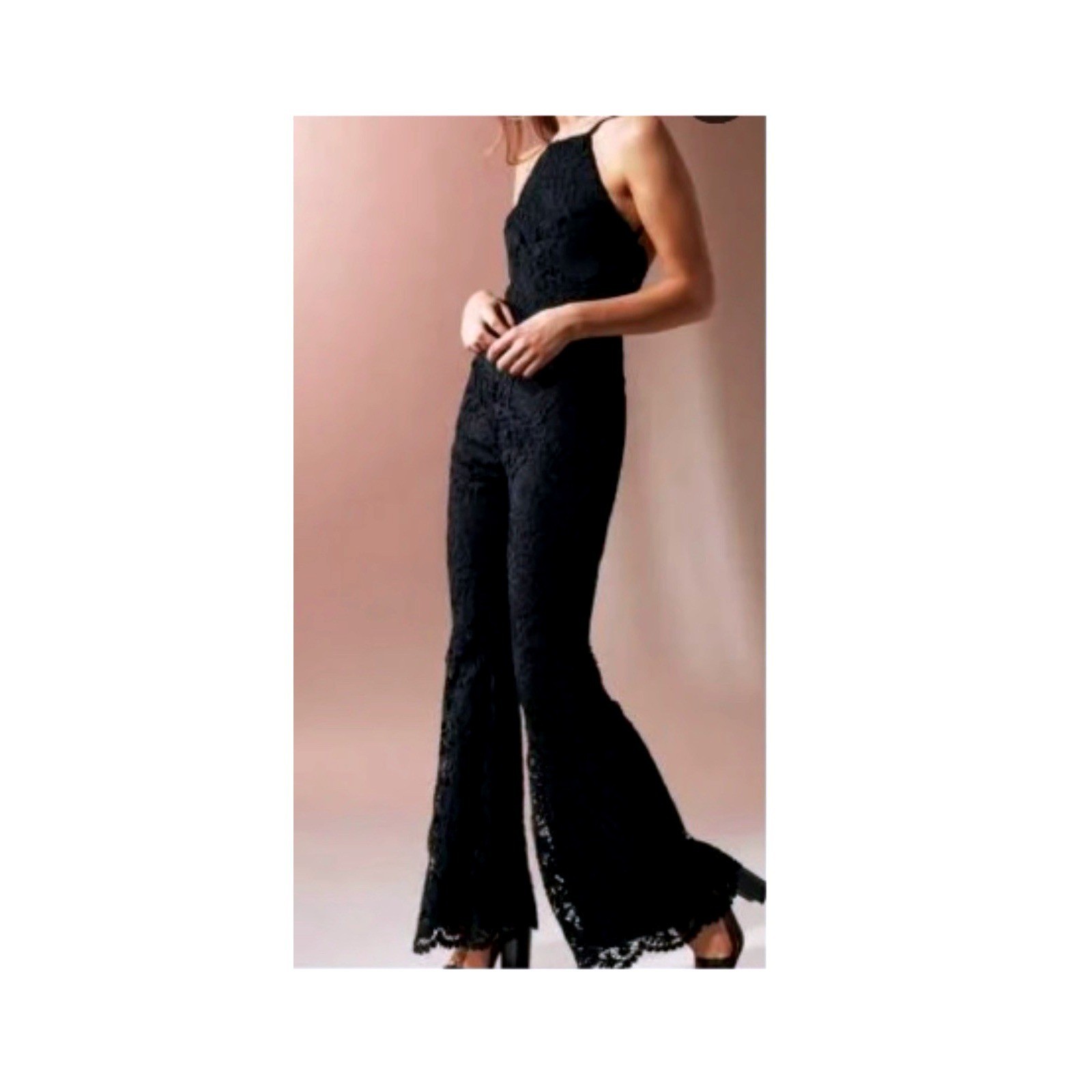 Boston Proper Women’s Black Lined Lace Flare 100% Polyester Jumpsuit Size 4