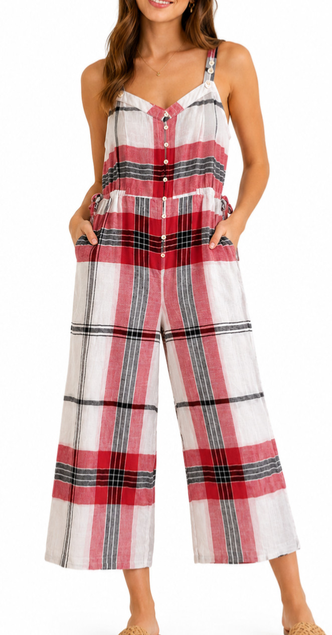 April Cornell Plaid Jumpsuit M Cotton Boho Cottagecore Wide Leg Overalls Smocked