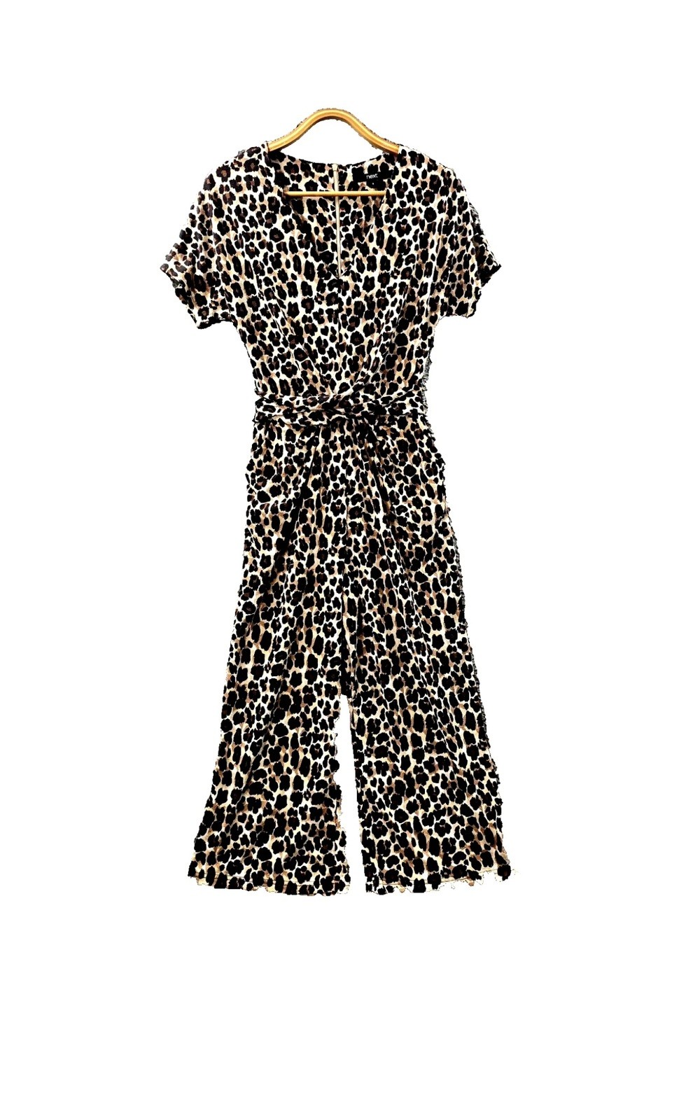 Next Ladies Jumpsuit Black Brown Beige Animal Print Stretch Knit V-Neck Size 20