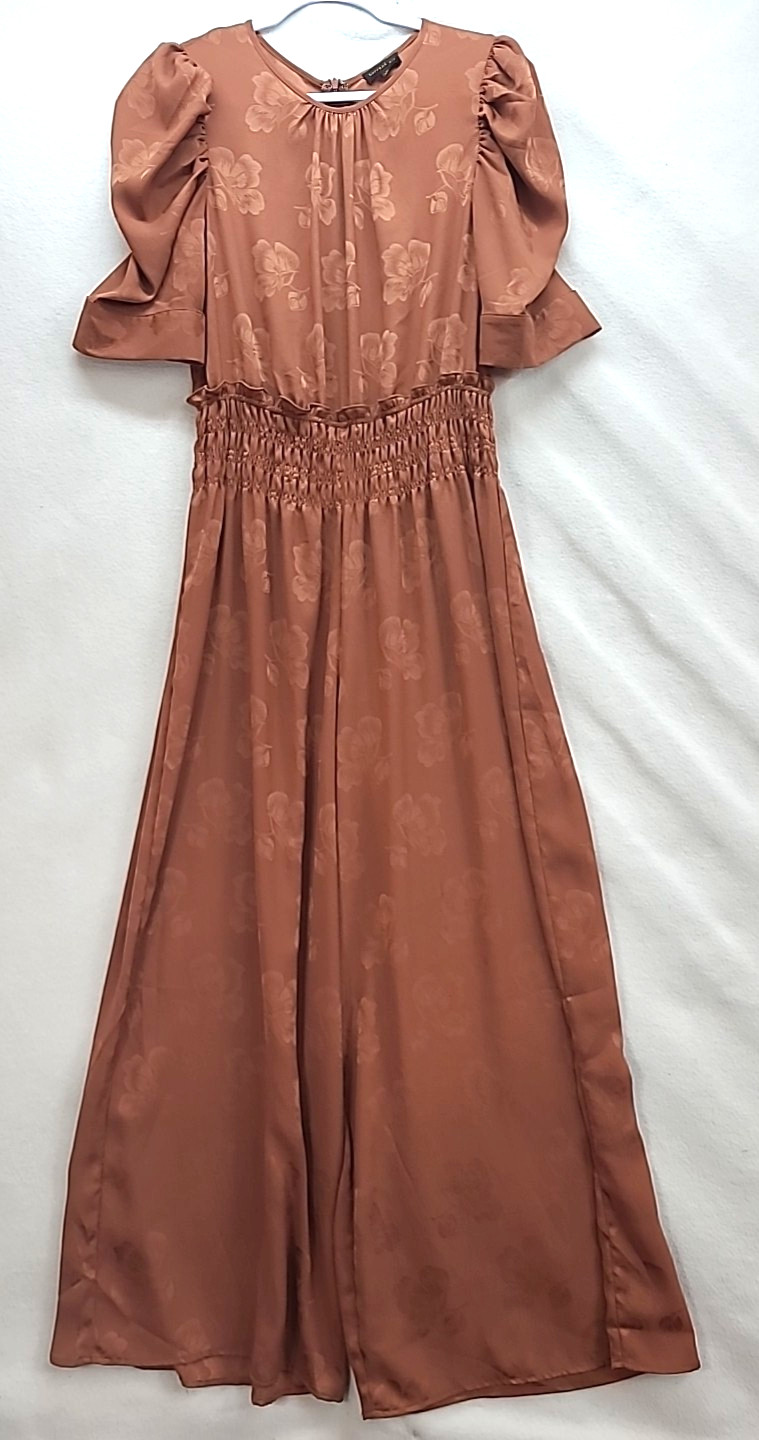 Current Air for Anthropologie Floral Wide Leg Short Sleeve Jumpsuit Sz M Copper