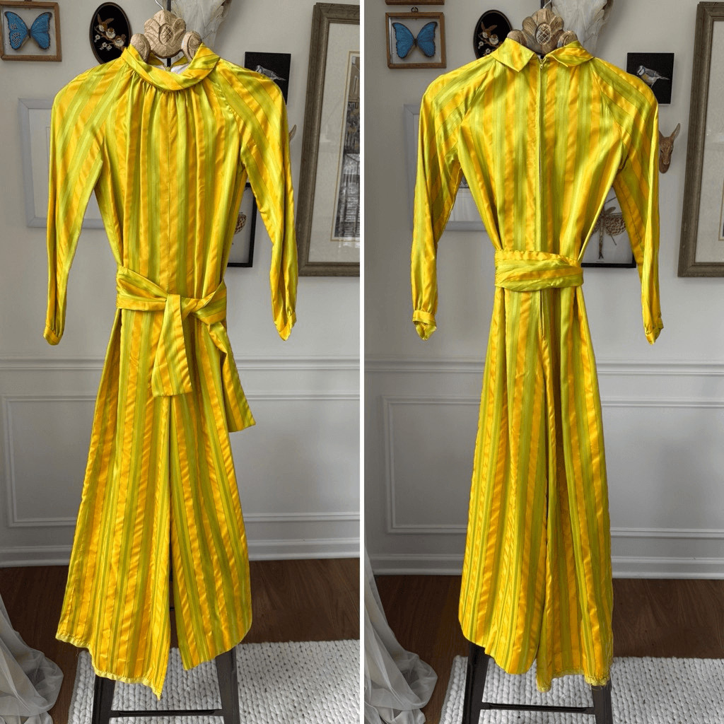 Vintage 60s 70s Yellow Green Stripe Jacquard Jumpsuit XS