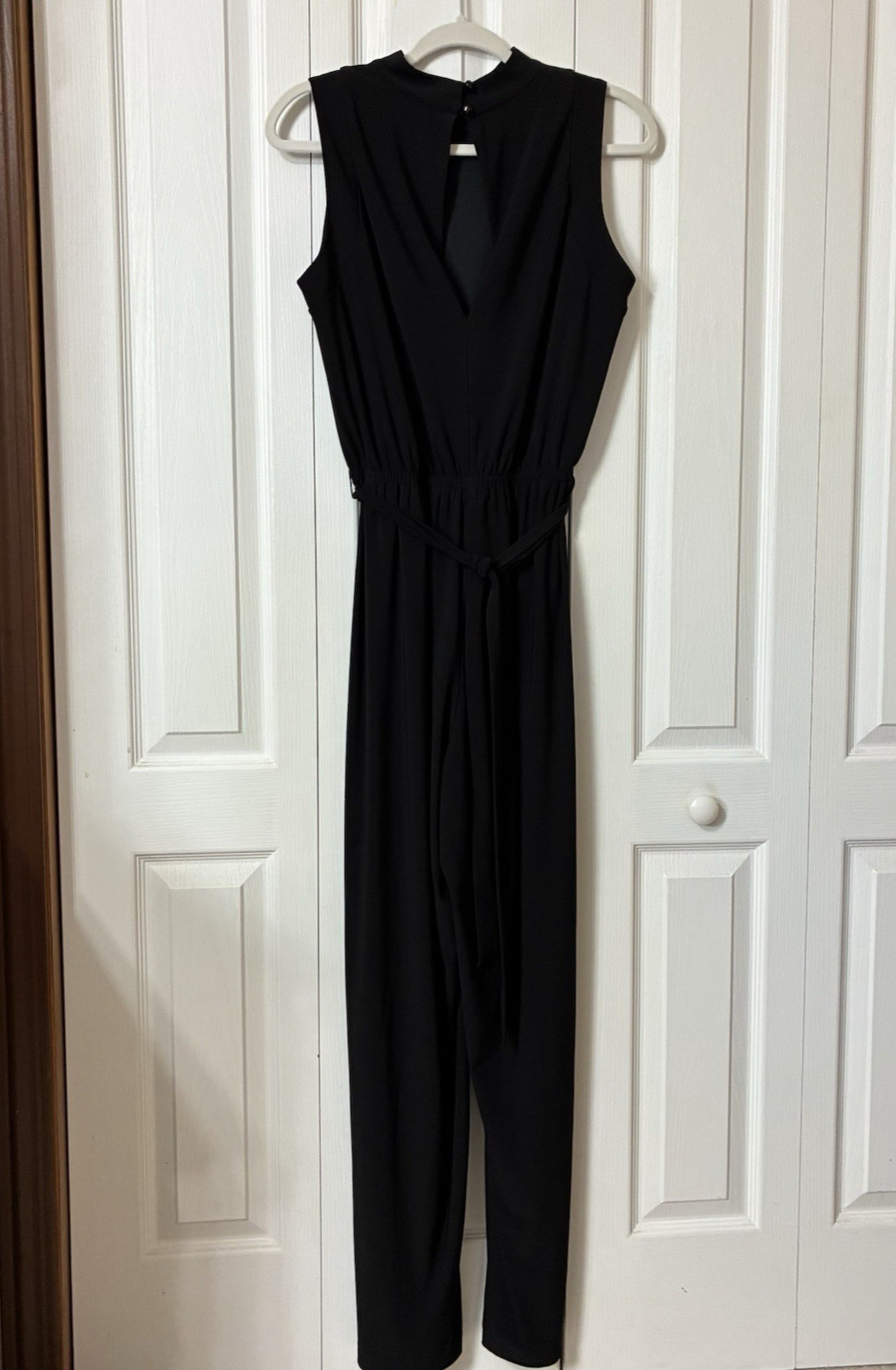 Emma & Michele Mock Neck Cap Sleeve Draped Belt Black Sz M Keyhole Back Jumpsuit